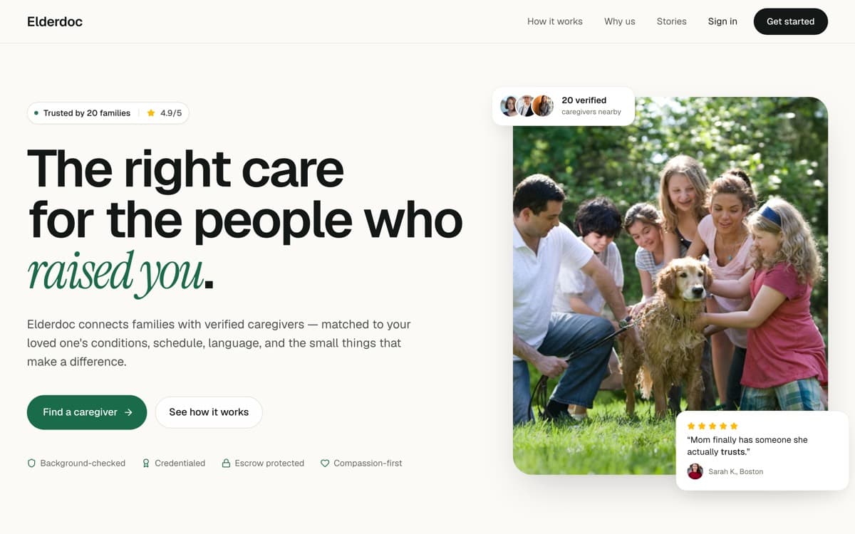 Elderdoc, screenshot of the live site