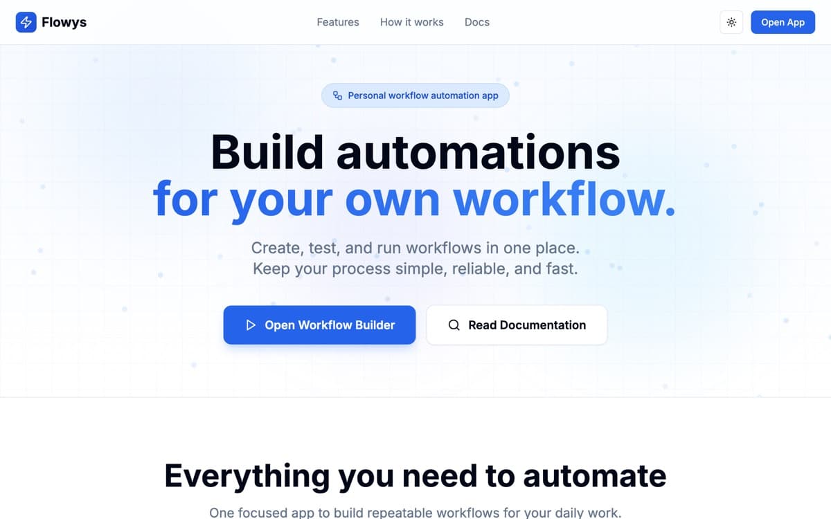 Flowys, screenshot of the live site